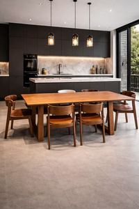 Table à manger moderne en onyx et noyer avec placage en chêne et structure en bois de caoutchouc, 200 cm, pour 10 personnes, usage hôtelier (prête à être expédiée) - Product Image 4