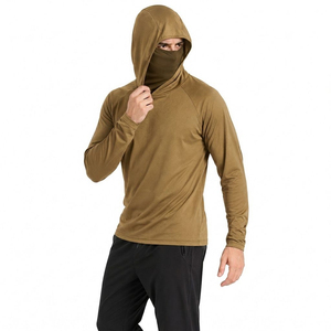 Men's Olive Long Sleeve Hooded UV Protection Shirt With Face Cover Pullover <b>Top</b> Solid Color Anti-Uv Fishing Wear - Product Image 5