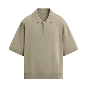 เสื้อโปโลผู้ชายแขนสั้นสีเบจแบบถักมีซิปเสื้อลำลองสีพื้น - Product Image 3