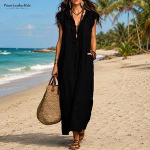 High Quality Multi V-Neck Sleeveless Maxi <b>Dress</b> <b>Ruffles</b> Tunic Breathable Rayon Beach Vacation Summer Women <b>Dress</b> In Wholesale - Product Image 1