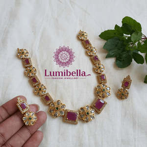 Rhodium Plated Fine Bridal Jewelry Set Leaf Shape Earrings with Ruby Embellished Matte Neckset - Product Image 2