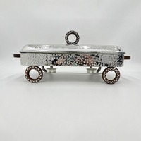 Chauffe-plat carré en acier inoxydable poli argenté écologique avec roues décoratives en bois et brûleurs à bougies chauffe-plats pour buffet et mariage