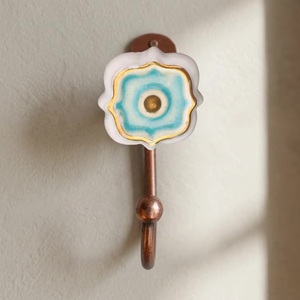 Vintage Ceramic Flower Wall <b>Hook</b> with Blue Crackle Glaze and Copper Finish Handmade <b>Decorative</b> <b>Coat</b> <b>Hook</b> for Clothing - Product Image 3