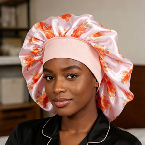 Satin <b>Bonnet</b> for Women with Flower Print, Satin <b>Bonnet</b> for Sleeping, Large Sleep Cap with Elastic Tie Band for Curly Hair - Product Image 4