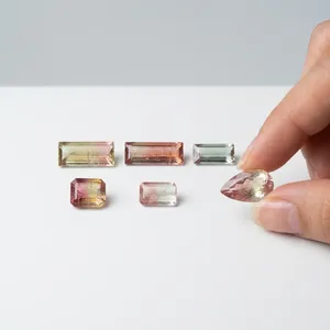 Lot de 6 tourmalines pastèque naturelles, couleur bio rose-vert dégradé, facettées, taille Asscher, taille poire, taillées à la main, pierres brutes - Product Image 1