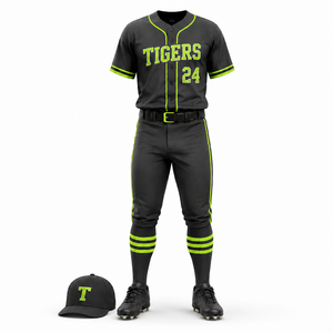 Ensemble uniforme de baseball Tigers noir avec accents vert fluo, maillot et pantalon sublimés, évacuation de l'humidité, coupe athlétique pour homme adulte - Product Image 1
