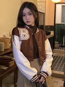 Fashion Women Solid <b>Short</b> Winter Stand Collar Varsity <b>Jacket</b> with Wool Blend Body and Custom Embroidery - Product Image 5