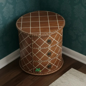 Table de chevet ronde traditionnelle en bois avec incrustations blanches, 3 tiroirs, style antique, meubles de chambre à coucher faits à la main - Product Image 2