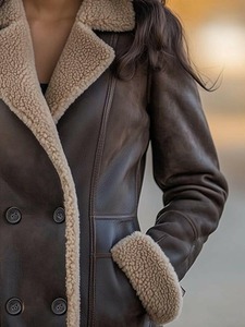 <b>Womens</b> Handmade <b>Brown</b> Genuine Sheepskin Shearling <b>Leather</b> Double Breasted Trench Coat - Product Image 2