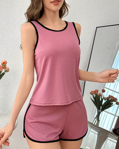 Women Casual 2-Piece Sleeveless Ribbed Tank Top Shorts Set Pink Striped Bow Drawstring Breathable Eco-Friendly Quick Dry - Product Image 5