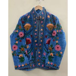 Hand Embroidered <b>Velvet</b> Knitted Cotton Breathable <b>Jacket</b> <b>Women</b> Mandarin Collar Full Sleeve Floral Pattern Open Front - Product Image 1