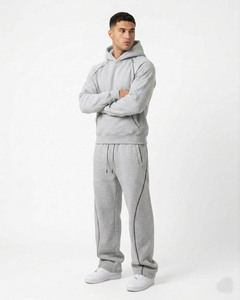 Conjunto Deportivo Unisex Gris con Capucha, Sudadera de Manga Larga de Color Sólido y Pantalones con Cordón y Bolsillos Laterales para Otoño - Product Image 3