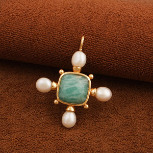 Turquoise Amazonite <b>Moonstone</b> Strawberry Quartz <b>Pendant</b>, Gold Plated Pearl Cross Design Handmade Fashion Jewelry Women Gift Bulk - Product Image 2