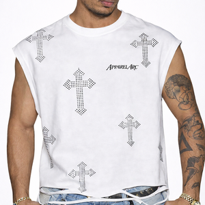 Camiseta sin mangas con gráfico de diamantes de imitación al por mayor para hombre, estilo streetwear con lavado ácido, logotipo personalizado, fábrica OEM - Product Image 1