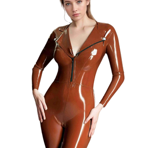 Combinaison longue marron en PU pour femme, manches longues, col en V, fermeture éclair, taille haute, coupe ajustée, tenue de club - Product Image 6