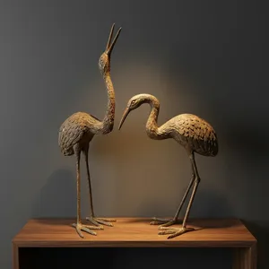 Paire de figurines de grue en bronze faites à la main, finition patinée, sculpture animale contemporaine, décoration de table, présentation pour salon - Product Image 1