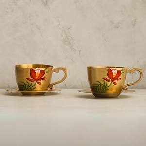 Ensemble classique de 2 tasses et soucoupes en laiton pour les fêtes, durable, écologique, avec poignée dorée - Product Image 2