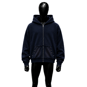 Sweat à capuche zippé oversize en molleton bouclette marine, style streetwear décontracté, manches classiques, anti-boulochage, vêtement urbain décontracté, vêtement d'extérieur - Product Image 1