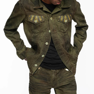 OEM Factory Custom Design Sun Faded Distressed Jeans Denim <b>Rhinestone</b> Men Denim <b>Jacket</b> <b>Jacket</b> Streetwear Vintage Embroidery - Product Image 2