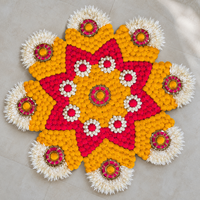 Tapis Rangoli Floral Fait Main Jaune Rose Blanc Décoration Mandala Fleurie pour Diwali Mariage Puja Décoration de Sol Festive Amovible