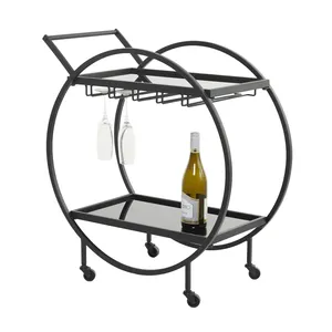 Minimalist Round Metal Bar Cart with Glass Shelves and Bottle <b>Rack</b> for Party Use - Product Image 2