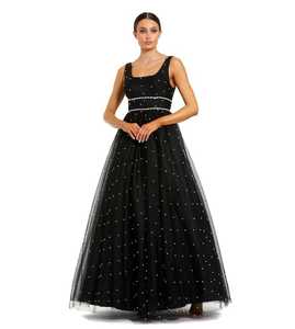 Robe de soirée noire anti-plis en mousseline de soie, col montant, ornée de perles, coupe sirène, traîne chapelle, longueur ras du sol - Product Image 2