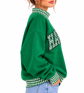 OEM Custom <b>Women</b>’s <b>Christmas</b> Oversized Mock Neck <b>Sweatshirt</b> Gingham Plaid Sleeves Letter Applique Embroidery Patchwork - Product Image 6