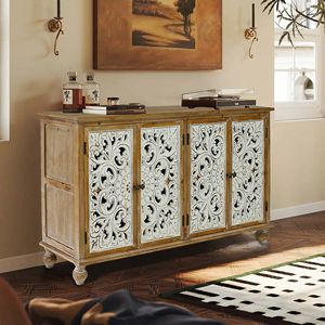 Armadio moderno di accento della fattoria con 4 porte floreali intagliate in legno Credenza di stoccaggio per soggiorno ingresso cucina corridoio - Product Image 4