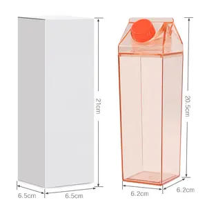Botella de caja de leche de plástico de 1000ml, botella de agua con forma de cartón de leche acrílica cuadrada transparente personalizada de 500ml
