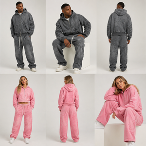 Ensemble de survêtement décontracté pour femmes avec sweat à capuche zippé gaufré et pantalon de survêtement large, style streetwear, personnalisable pour hommes et femmes - Product Image 2