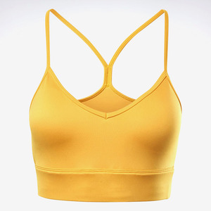 Soutien-gorge de sport jaune à col en V et bretelles spaghetti pour femme, maintien moyen, respirant, sans coutures, pour yoga et activités sportives, couleur unie - Product Image 4