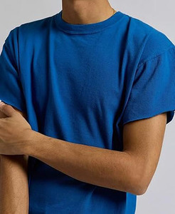 T-shirt en coton bleu roi pour homme, manches courtes, col rond, coupe classique, décontracté, couleur unie, jersey tricoté, teint uni - Product Image 3