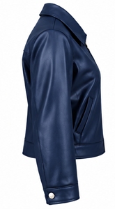 Chaqueta de cuero PU azul marino para mujer, con cremallera, cuello vuelto, estilo casual, tipo biker. - Product Image 4
