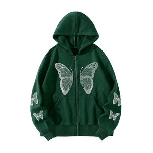 Sweat à capuche vert zippé avec imprimé papillon pailleté, coupe oversize, unisexe, décontracté, pour l'automne, en polaire, manches classiques - Product Image 1