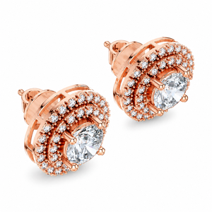 Rose Gold Plated Round Diamond Stud <b>Earrings</b> Double Halo <b>Moissanite</b> Birthday Gift Jewelry - Product Image 3