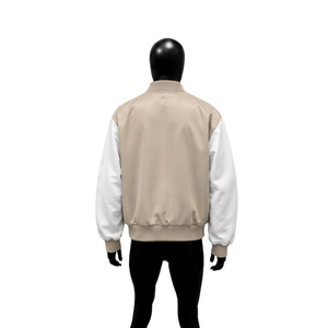 Veste universitaire en satin beige avec manches blanches, veste bomber de baseball haut de gamme pour hommes et femmes, style veste Letterman, vente en gros - Product Image 2