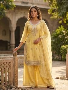 Elegante conjunto plazo dorado con bordado de espejo real, talla única, con dupatta, ideal para fiestas y eventos festivos, atuendo étnico. - Product Image 4