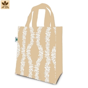 Sac fourre-tout en jute naturel et PP, imprimé Lei blanc des deux côtés, 27x31x16 cm, poignées en ruban de coton de 40 cm, logo personnalisé, commandes en gros - Product Image 1