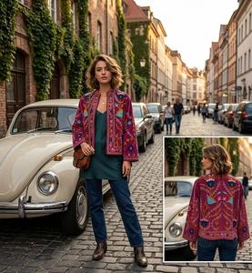 Veste en velours brodée Suzani pour femme, faite à la main, motif floral, manteau court, doublure en coton, style bohème, pour l'automne/hiver/printemps - Product Image 3