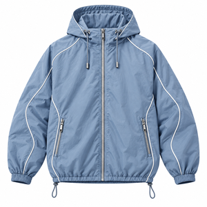 Custom Steel Blue Windbreaker Set with White Piping | Hooded <b>Nylon</b> Jacket & <b>Track</b> <b>Pants</b> | Streetwear Tracksuit - Product Image 2