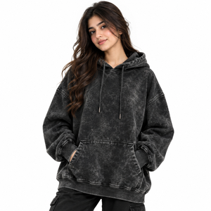 Casual Oversized Acid Wash Knitted <b>Hoodie</b> Offers Relaxed Fit <b>Cozy</b> Warmth Stylish Vintage Inspired Streetwear Appeal Women's - Product Image 1