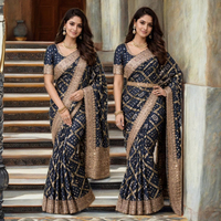 Sari en soie bleu marine Bandhani avec broderie Zari dorée, élégant, longueur genou, pour femme, idéal pour mariage/fête/Diwali, coupe classique