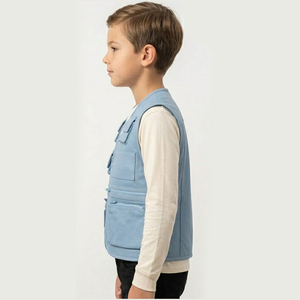 OEM Service <b>Light</b> Blue Leather Uniform Utility Vest Sleeveless Multiple Pockets V-<b>Neck</b> Cargo Pocket Style Unisex All Seasons - Product Image 3