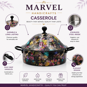 <b>Marvel</b> Handicrafts Premium Black Floral <b>Printed</b> Stainless Steel Insulated Casserole Hot Pot Food Warmer Serving Bowl Kitchen - Product Image 5