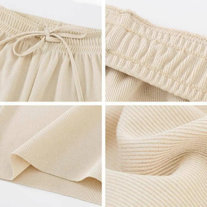 Women's Wide Leg Pants High Waist Elastic Drawstring Loose Fit Solid Color Full Length Casual Knitted Cotton Spandex Pants - Product Image 3