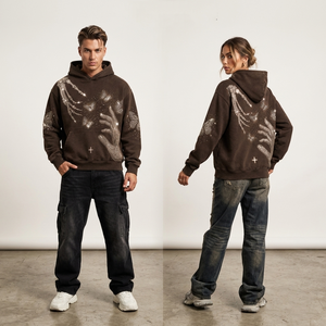 Sweat-shirt à capuche marron délavé personnalisé avec imprimé squelette main papillon en strass, fermeture éclair, style streetwear oversize, commande en gros - Product Image 3
