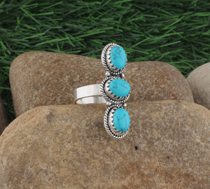 Natural <b>Turquoise</b> Oval 3 Stone Women's 925 Sterling Silver Boho Twisted Wire Rope Bezel Statement Gemstone Party <b>Ring</b> - Product Image 3