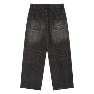 Jeans personnalisés en gros pour hommes, style streetwear hip-hop, à ourlet brut, coupe ample, délavés par le soleil, coupe droite, bleu foncé, jambe large - Product Image 2