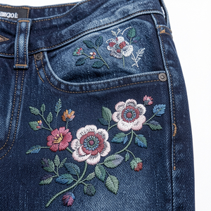 Women's Dark Blue Skinny <b>Denim</b> Jeans with Floral Print Embroidery Stonewashed Vintage Casual Summer Eco-Friendly <b>Stretch</b> - Product Image 1