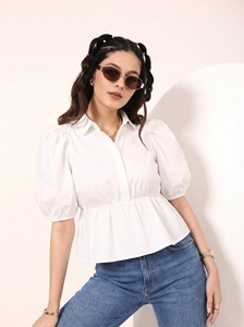 Camisas de Cuello Redondo de Algodón para Mujer, Primavera-Verano, Mangas Abullonadas, Nuevo Diseño, Blusas Holgadas con Peplum, Camisa Informal para Oficina - Product Image 1